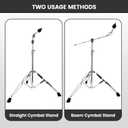 Cymbal Stand, Adjust high Boom and Straight Combo,Double Braced Legs with Rubber Feet fits 8'' Crash、10 '' Crash、12''Crash、14'' hi hat、16'' Crash、18'' Crash、20'' Ride Stands with Drumsticks and drumstick storage bags, drum keys