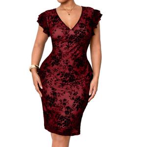 RWJ Plus Size Wedding Guest Dresses for Women 2026 Spring Summer V Neck Floral Bodycon Mesh Evening Cocktail Party Dress (XX-Large Plus, Burgundy Jacquard)