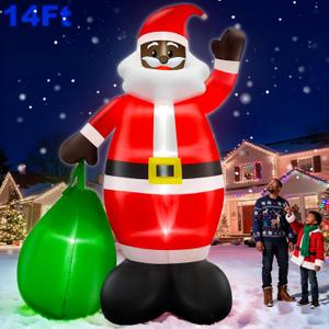 14 Ft by 8.5 Ft Giant Christmas Inflatable Black Santa Holding Gift Bag, African American Christmas Decorations, Blow up Xmas Decor Built in LED Lights for Yard Lawn Garden