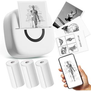 Mini Printer Sticker Thermal Printer with 3 Rolls Paper, Bluetooth Portable Phone Print Pods,Study Sticker Maker for Pictures, Photos, Journals, DIY, Compatible with Phone & Tablet (white)