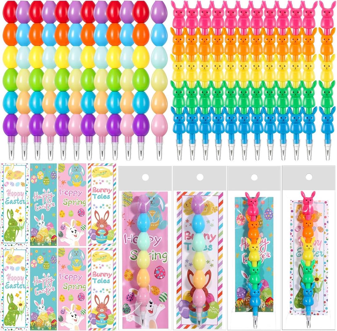 MotiMind 48 Pieces Easter Party Favors Stackable Pencils for Kid, 24 Bunny Egg Stacking Pencils with 24 Card Rabbit Pencil for Easter Basket Goodie Bag Stuffers Egg Hunt School Student Reward Gift