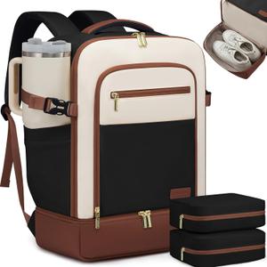 LOVEVOOK Travel Backpack for Women with Shoes Compartment,40L Personal Item Travel Bag Flight Approved Carry On Backpack with 2 Packing Cubes,Large Casual Weekender Luggage Daypack (Beige&black&brown-a)