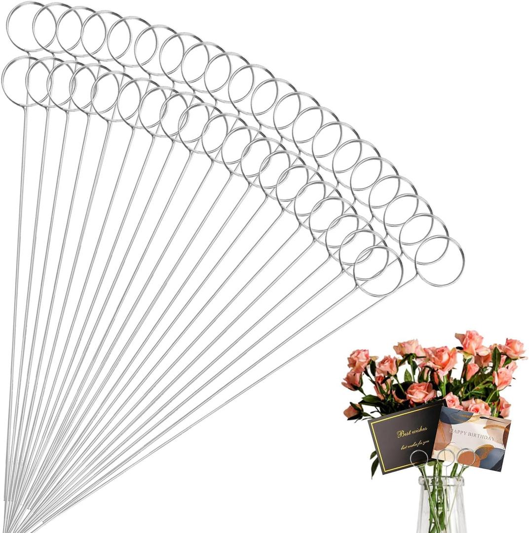 60 Pcs Metal Wire Floral Picks 13 Inch Wire Place Card Holder, Metal Table Name Number Clips Picture Stand, Round Photo Memo Flower Card Holder for Wedding Party Birthday Cake (Silver Round)