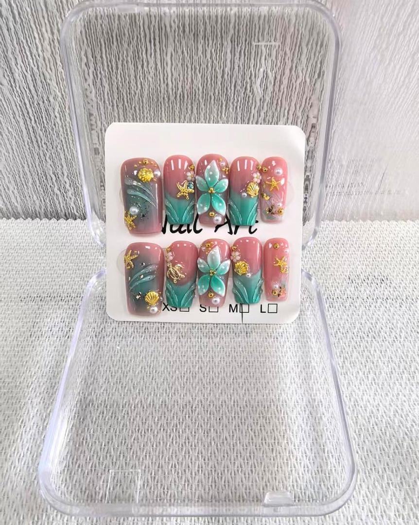 Medium Square Press on Nails Handmade Fake Nails Blue French Tip with 3D Flower Designs luxury ocean Glossy Cute Acrylic Nails for Women 10pcs (Size M）