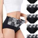 HAVVIS Women's Briefs Underwear Cotton High Waist Tummy Control Panties Rose Jacquard Ladies Panty Multipack (Brief 04-5 Pack - Black, Medium)