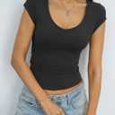 Eachyes Womens V Neck Cap Sleeve Shirts Sexy Fitted Crop Tops Cute Basic Tees Y2k Outfits Going Out Summer Clothes 2026 (Black, L)