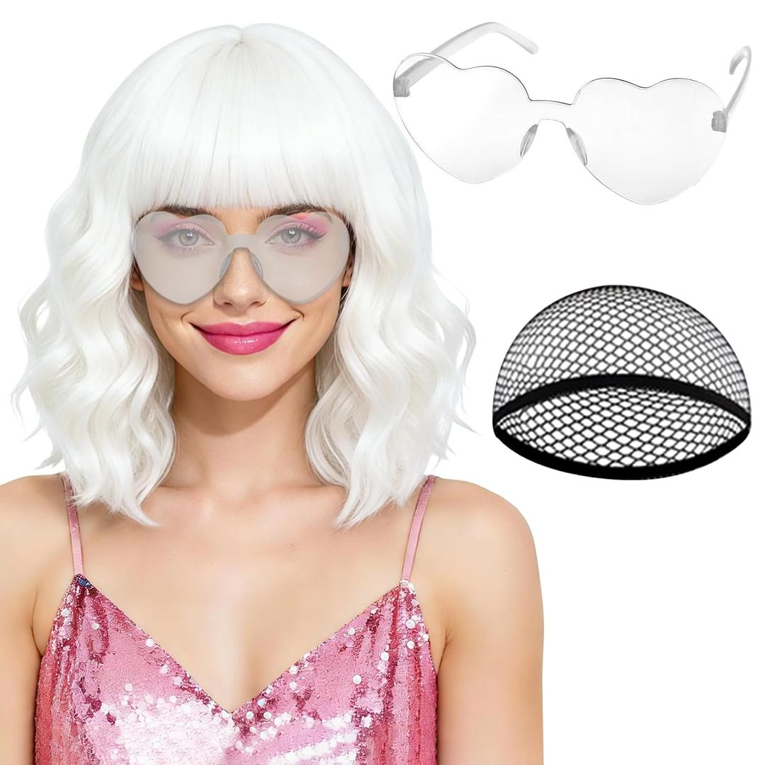 PLULON White Curly Bob Wig Heart Sunglasses for Women, Colored Wavy Wigs with Bangs Funny Synthetic Hair with Hair Cap Fashion Accessories for Bachelorette Christmas Party Cosplay Halloween Costume