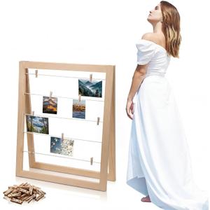 Sintuff Photo Display Board with Clips Farmhouse Picture Collage Board Picture Frame Clothesline Photo Display Stand Decor for Wedding Baby Shower Grad Postcard(Flat Edge,Natural Wood,29x24 Inches)