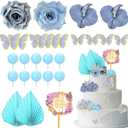 27PCS Flower Cake Toppers Butterfly Cake Decorations Happy Birthday Cake Toppers with Artificial Pink Rose Flowers Eucalyptus Butterflies for Girls Birthday Party Wedding Baby Shower Supplies (Blue)