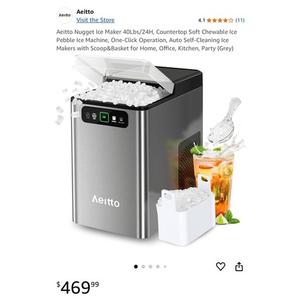 Aeitto Nugget Ice Maker 40Lbs/24H, Countertop Soft Chewable Ice Pebble Ice Machine, One-Click Operation, Auto Self-Cleaning Ice Makers with Scoop&Basket for Home, Office, Kitchen, Party (Grey)
