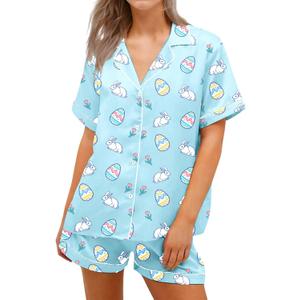 RUEWEY Women Easter Pajamas Set Bow/Rabbit Print Button T-Shirt and Elastic Shorts for Loungewear Soft Sleepwear (Large, Blue Base)