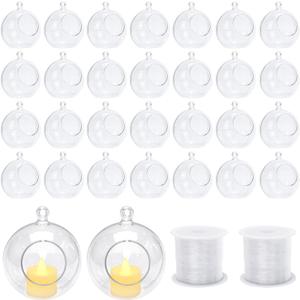 30 Pcs Hanging Candle Holder Clear Plastic Terrarium Globe Hanging Tea Lights Candle Holder for Plants Wedding Christmas Party Centerpiece Decor, 260 Ft Fishing Line, 3.54 inch