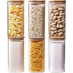Square Glass Jars with Bamboo Lids 34 FL OZ [Set of 6], Glass Canisters with Airtight Lid, Glass Food Storage Container for Pasta, Flour, Sugar, Rice, Best for Kitchen & Pantry