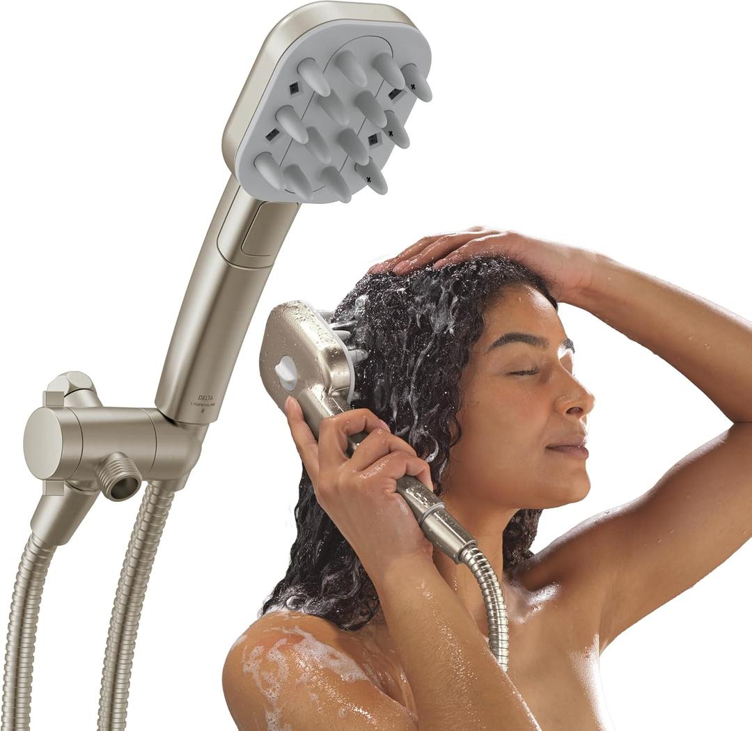 Delta VersaCurl Detangling Handheld Shower Head Tool for Curly Hair with 3 Curl Defining Brush Inserts Included, Detangler Brush Hand Shower with Hose, Spotshield Brushed Nickel 74B430SN