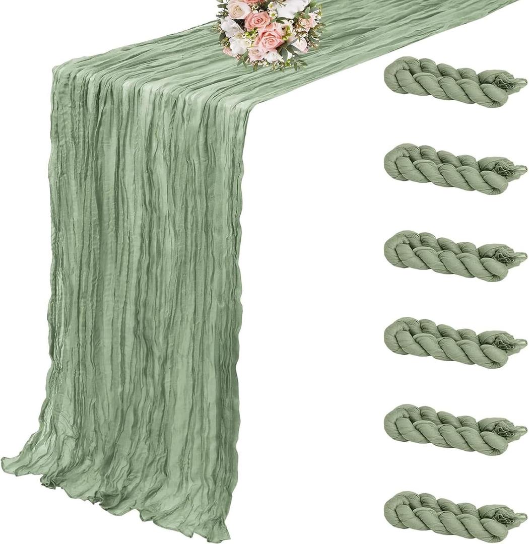 6 Pack Cheesecloth Table Runner - Sage Green 35x120 Inch (10ft), Boho Gauze Fabric Runner for Wedding, Birthday, Baby Shower, Rustic Party Decor, Sheer Table Decoration