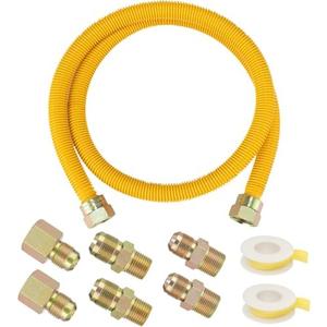 PLUMBINGMASTER 48" Flexible yellow Coated Corrugated line kit for Dryer Stove Range, Flexible Stainless Steel Gas Dryer Kit - 5/8" OD(1/2" ID) Dryer Gas Line with total 6 Connectors—— 3/4" MIP & 1/2"