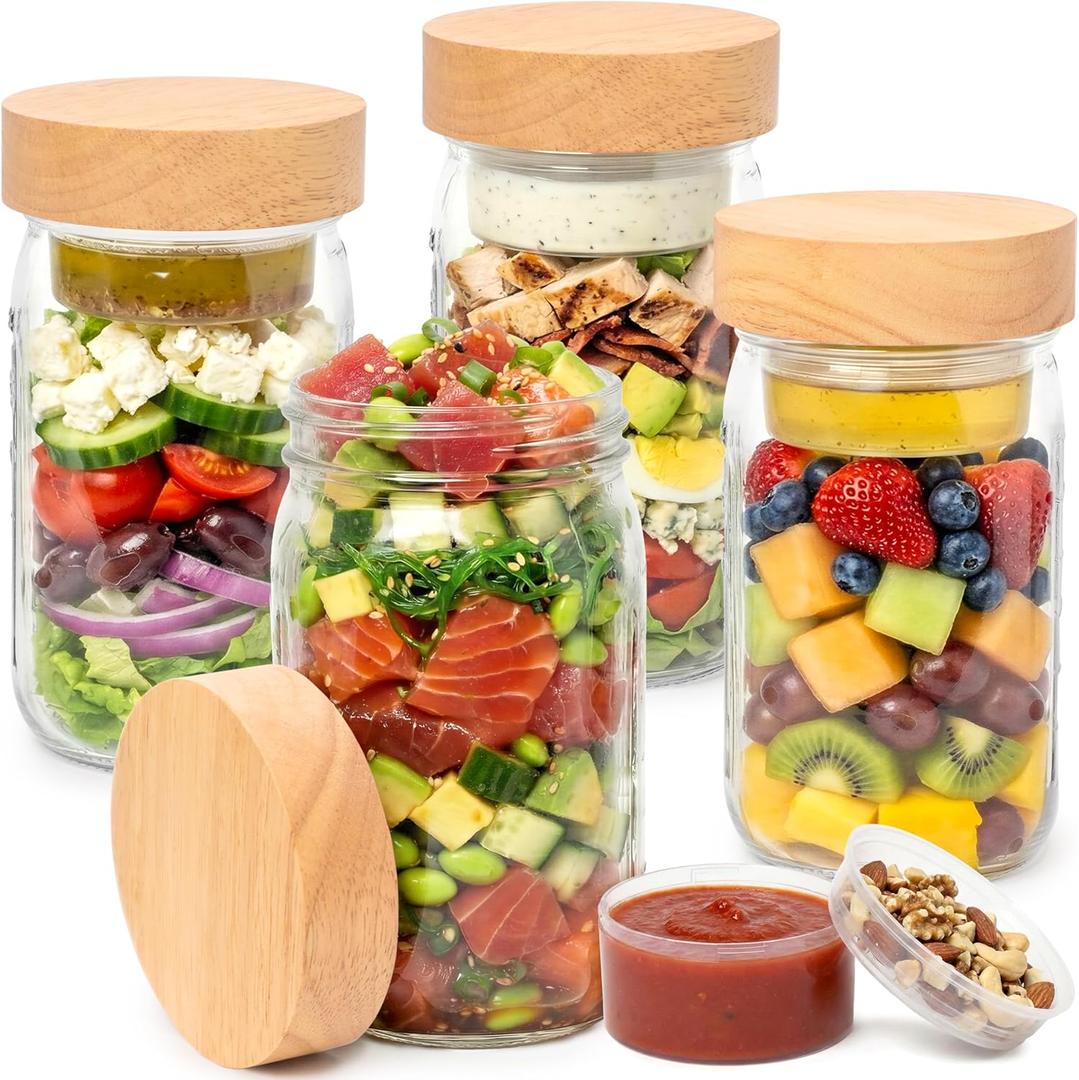 4 Pack Glass Salad Jars with Wooden Lids for Meal Prep, Leakproof Container with Two Small Built in Cups for Wet/Dry Separation for Salad Dressing and Ingredients, 32oz Mason Jars (Oak)