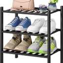 Small Shoe Rack for Entryway, 3-Tier Black Bamboo Shoe Organizer for Hallway Closet, Free Standing Shoe Racks for Indoor Outdoor