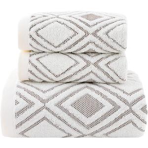 Pidada Bath Hand Towel Set of 3 Diamond Pattern 100% Cotton Absorbent Soft Decorative Towels for Bathroom (Beige Brown) (27.6 x 55 & 13.4 x 29.5)