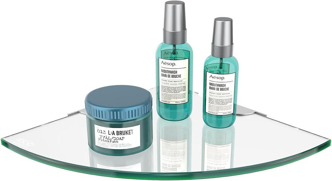 Glass Corner Shelf for Bathroom Corner Shower Shelf Tempered Glass Shelf Shower Organizer Shampoo Holder No Drilling Shower Caddy Corner for Inside Shower 9.4" R