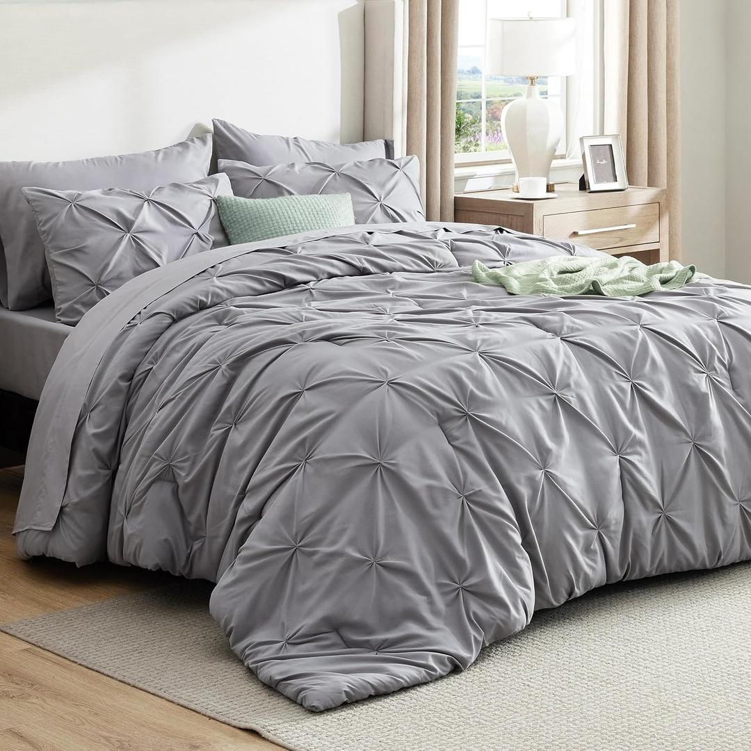 Bedsure Queen Comforter Set Grey - Bed in a Bag Queen Size Bedding 7 Pieces, GentleSoft Pintuck Bed Set Gift for Family, All Season Down Alternative Comforter with Sheets, Pillowcases & Shams