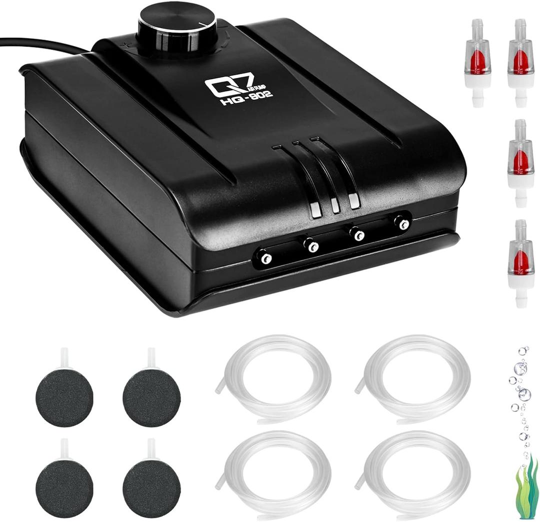 Aquarium Air Pump 4 Outlet, Lychee 254GPH 8W Quiet Oxygen Pump Fish Tank Aerator Pump with Check Valve Air Stone for Up to 300 Gallon Fish Tank