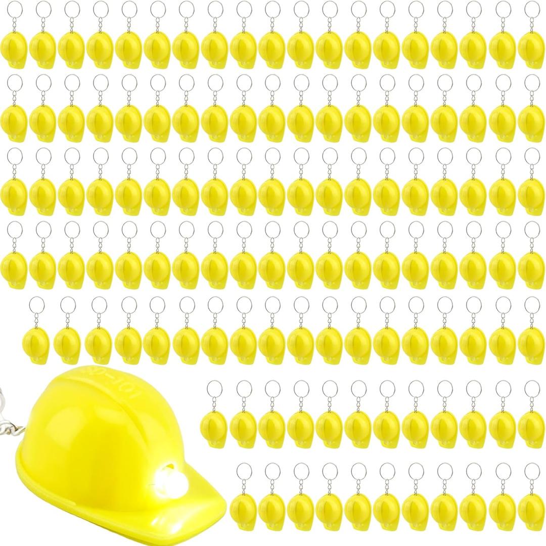 120 Pcs Mini Construction Hat Keychains Yellow LED Small Hard Hat Helmet Flashlight Keychain for Classroom Reward Goodie Bags Fillers Birthday Construction Themed Party Favors