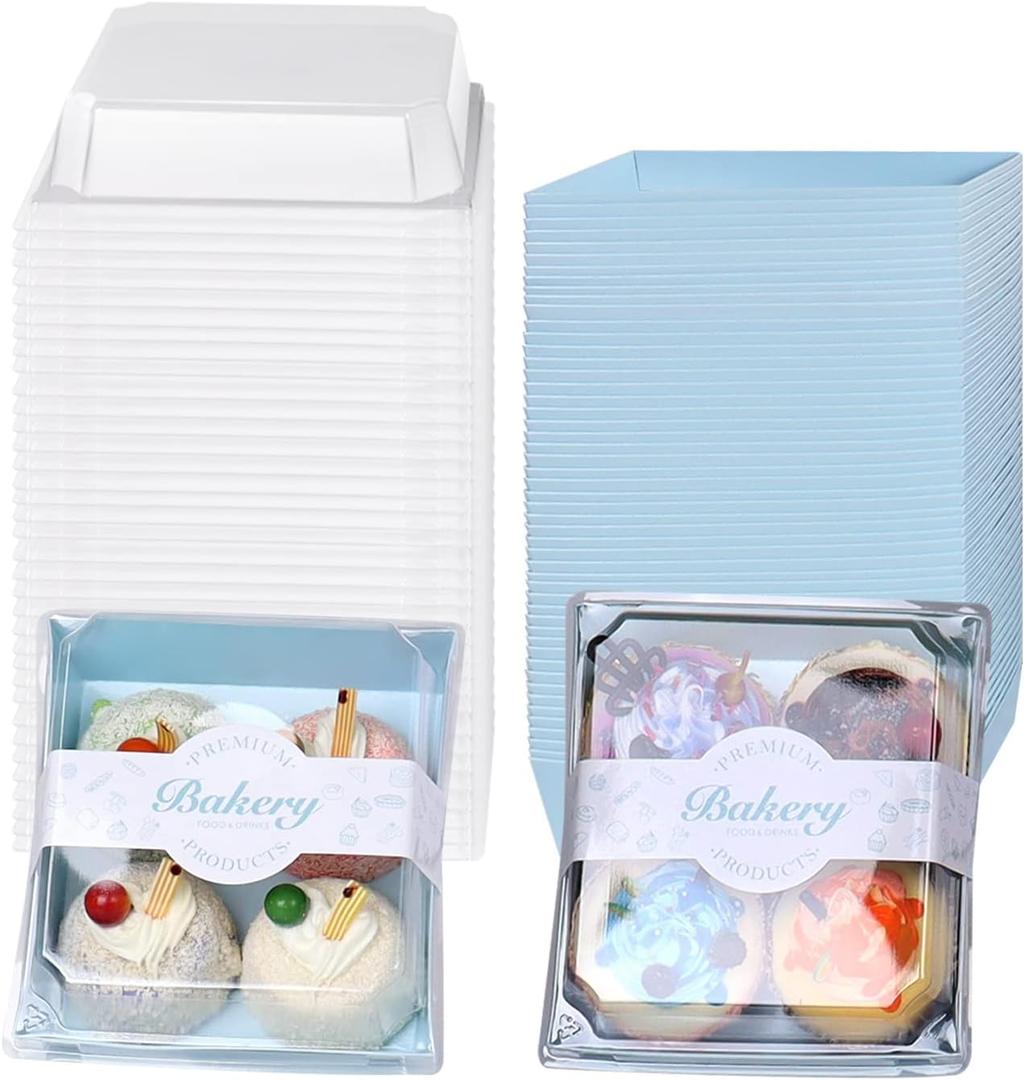 50 Pack Paper Charcuterie Boxes, 5.3x4.9x2.5 Inches Square Disposable Food Containers, Bakery Boxes with Clear Secure Lids for Sandwich Slice Cake Cookies (Blue)