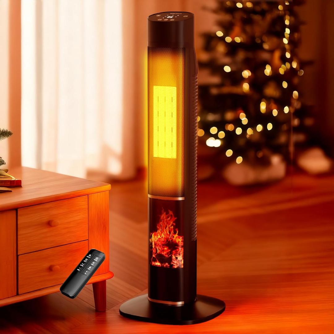 Uthfy Space Heaters for Indoor Use, 32" Space Heater for Large Room with 24H Timer & 3D Flame, ECO Mode, Thermostat, 120 Oscillation, Child Lock, Remote, 1500W Electric Room Heater for Bedroom Use