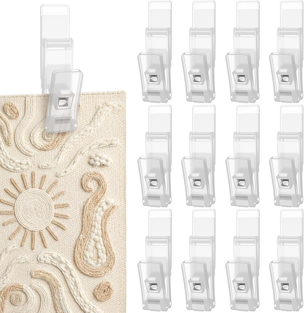 Sliner 12 Pcs Large Tapestry Wall Hangers Heavy Duty Self Adhesive Quilt Wall Hanging Clips Plastic Sticky Rug Hanger for Display Quilt Clamps Rack Mount for Tapestry Blankets and Other Textile