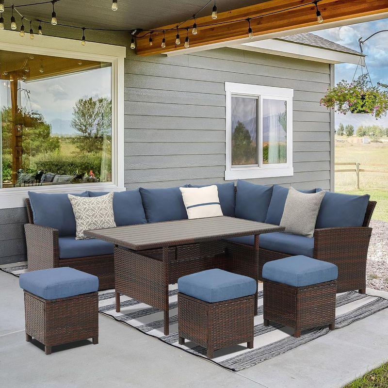 Wisteria Lane 7 Pieces Patio Furniture Set Outdoor Furniture Sectional, High Back Outdoor Patio Dining Table Set, Wicker Patio Conversation Set with Cushions for Balcony Lawn and Garden, Blue, 52 x 29.9 x 26 inches
