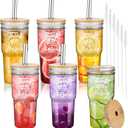 Nitial 6 Pack Inspirational Employee Appreciation Gifts Set 24oz Glass Motivational Thank You Glass Cups with Lids Straws Brushes for Teacher Nurse Staff Coworker Reusable Tumblers Party Favors