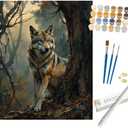 Wildlife Paint by Numbers Kit for Adults - DIY Lone Wolf in Forest Painting on Rolled Canvas 16x20 Inches, Acrylic Paint Set, Suitable for Beginners, Art for Home Decoration or Gifts