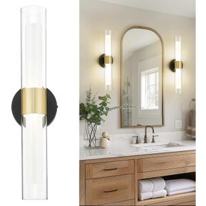 kudos Black and Gold Bathroom Sconces Wall Lighting, Bathroom Vanity Light, Modern Wall Lights with Clear Glass and Frosted Glass for Bathroom Bedroom Hallway, KDVL06-BG-2