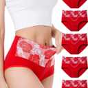 HAVVIS Women's Briefs Underwear Cotton High Waist Tummy Control Panties Rose Jacquard Ladies Panty Multipack (Red, XL)