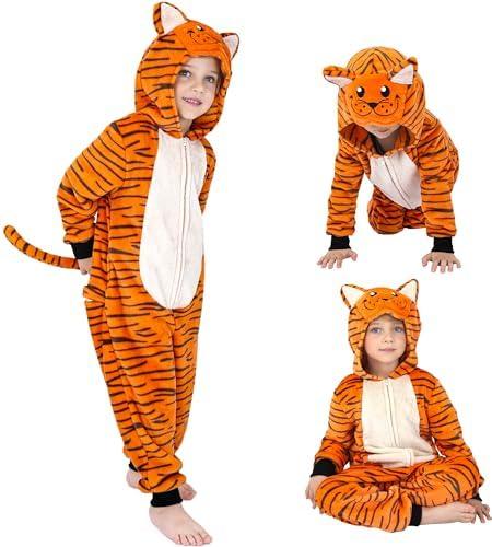 Wizland Kid Animal Onesie Tiger Outfits for Girls Boys Flanne Tiger Onesie Onepiece Holloween Costume with Tail 6-8
