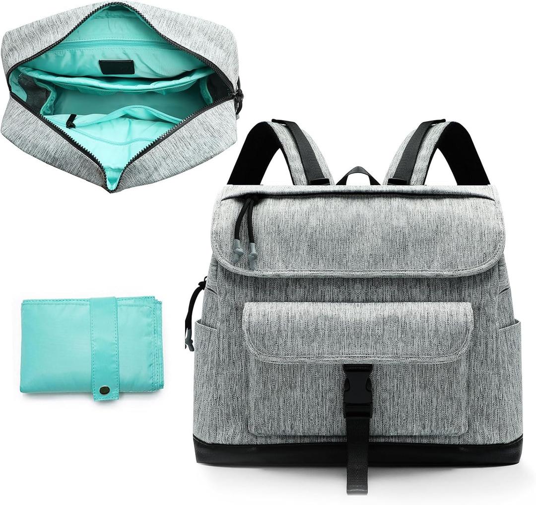 MOMINSIDE Diaper Bag Backpack, Small Diaper Bag, Mini Baby Diaper Bag with 12 Pockets, 4 Insulated Pockets, Changing Pad, Stroller Straps (Grey)