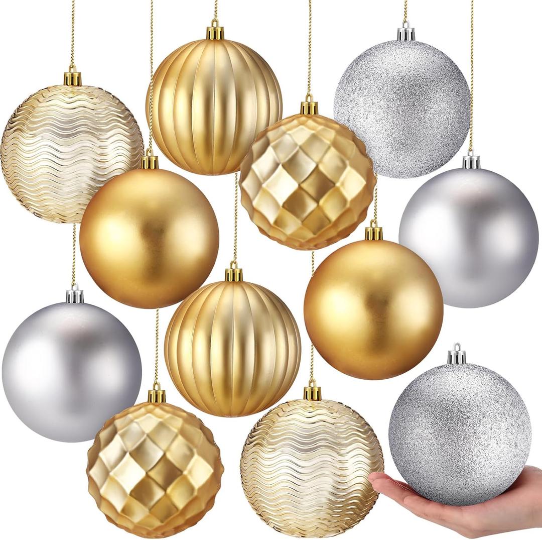 Syhood 12 Pcs 4 Inch Large Valentine Ball Ornament Christmas Tree Decoration Plastic Ornament Set Hanging Xmas Tree Ball for Xmas Holiday Wedding Party(Gold,Silver)