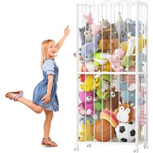 Fixwal Stuffed Animal Storage Zoo Metal Tube Extra Large Plushies Storage Stuffed Animals Holder Kids Toy Organizers and Storage with Elastic Band and Net for Playroom Bedroom White 61 x 23.6 x 16.5