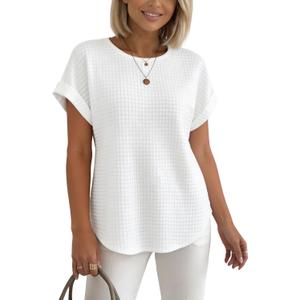 HVT Spring Blouses for Women 2026 Waffle Trendy Blouses Crewneck Short Sleeve Knit Tops Casual Daily Blouses Tee (White, M)