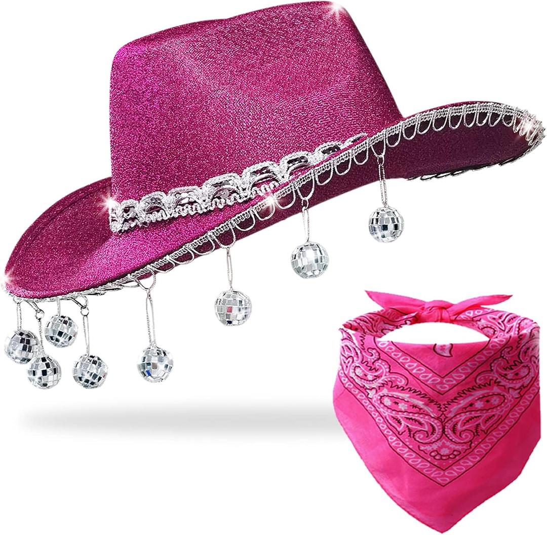 Pink Disco Cowgirl Hat with Bandana,Glitter Rhinestone Disco Ball Cowboy Hat for Women Men Costume Cosplay