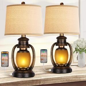 Set of 2 Rustic Living Room with 2 USB Port and Outlet,Farmhouse Table Bedside Lamps for Bedroom,Vintage Cottage Nightstand Lamps with Nightlight Miner Lantern (Bronze)
