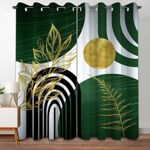 Green and Gold Patterned Blackout Curtains Boho Mid Century Modern Abstract Aesthetic Thermal Grommet Window Drapes for Bedroom Living Room Black Out 63 Inch Length 2 Panels Set, 63 X 52 Inch