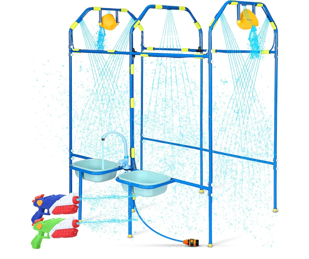 Water Park Sprinkler Toy for Kids, Heavy-Duty Steel Backyard Waterpark Splash Game with Shooting Toys, Splash Buckets, Water Table & Faucets, Water Play Activities Outdoor Summer Fun