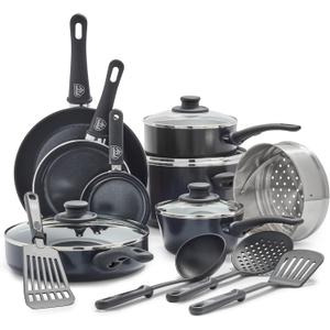 GreenLife 16 Piece Nonstick Cookware Set, Soft Grip Non-Toxic PFAS-Free Ceramic Pots & Pans, Dishwasher & Oven Safe, Frying, Sauce, Saute, Utensils, Glass Lids, Stay-Cool Handles, Wobble Free, Black
