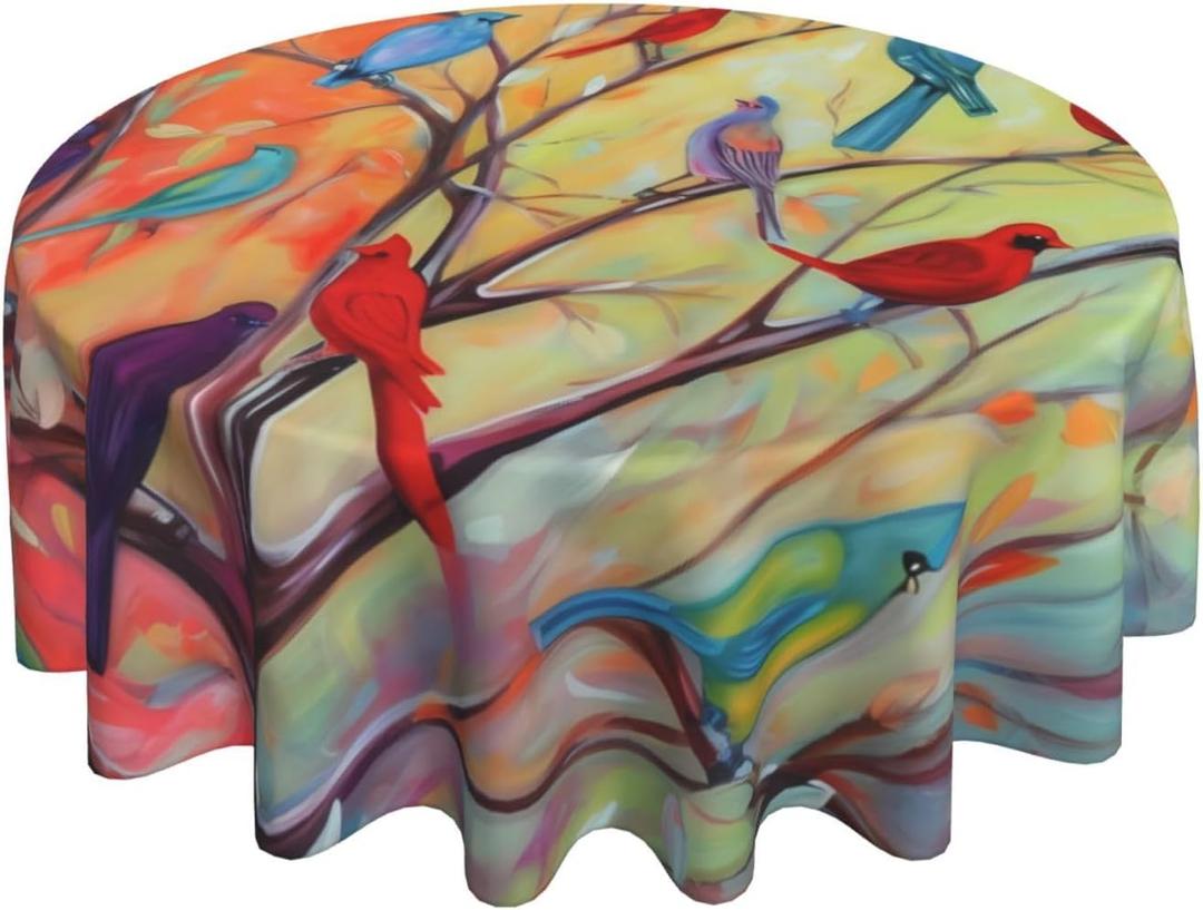 Colorful Birds Round Table Cloths 60 inch Decor, Spring Washable Table Cover Tablecloth for Indoor Kitchen Holiday