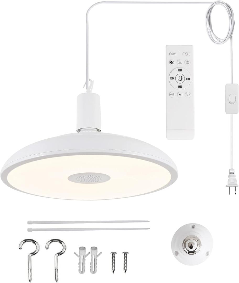 Upgrade Plug in Pendant Light with Bluetooth Speaker & Color Changing LED, Remote Control, 18W Ceiling Light Hanging Fixture for Kitchen Island, Bedroom, Living Room, Patio, Farmhouse, Corner