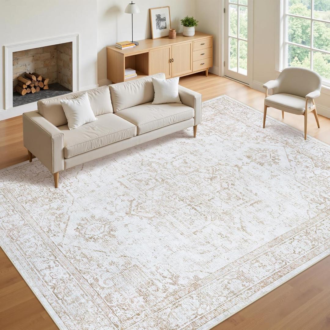 8x10 Area Rugs for Living Room:Beige Washable Vintage Medallion Rug Non-Slip Soft Low Pile Large Rugs Indoor Retro Carpet for Bedroom Kitchen Nursery Dining Table Office (Beige, 8'x10')