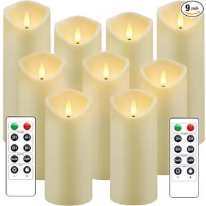 kakoya Flickering Flameless Candles, Battery Operated Acrylic LED Pillar Candles with Remote Control and Timer,Set of 9 (Ivory)