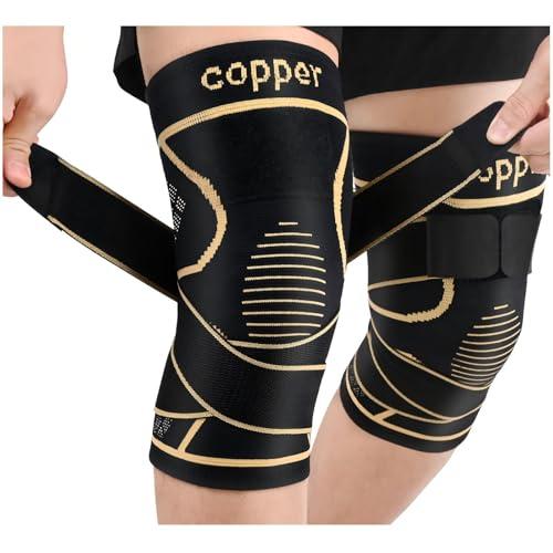 JHVW Copper Knee Brace for Women Men 2-Pack, Knee Compression Sleeve with Straps, Knee Braces for Knee Pain, Knee Support for Running Working XL